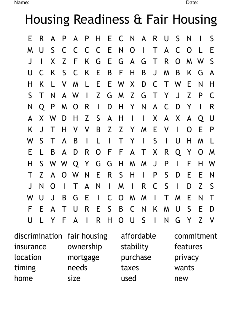 Housing Readiness & Fair Housing Word Search