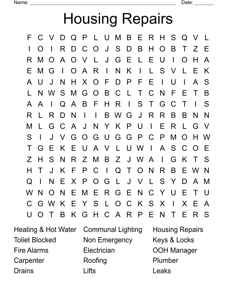 Housing Repairs Word Search