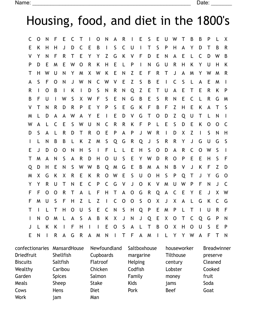 Housing, food, and diet in the 1800's Word Search