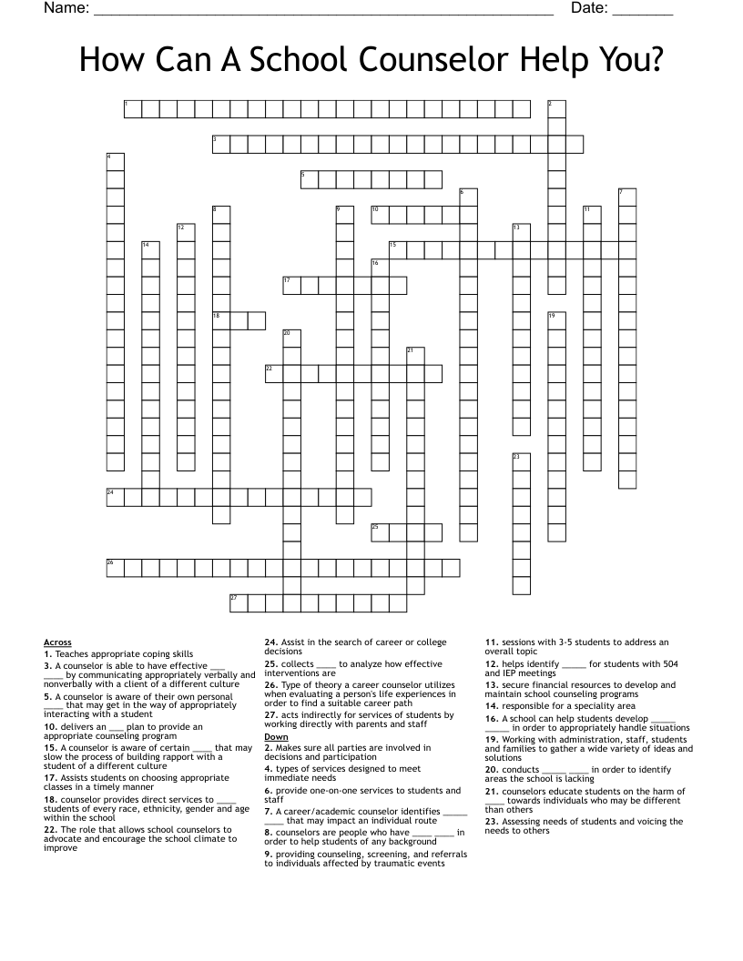 How Can A School Counselor Help You? Crossword