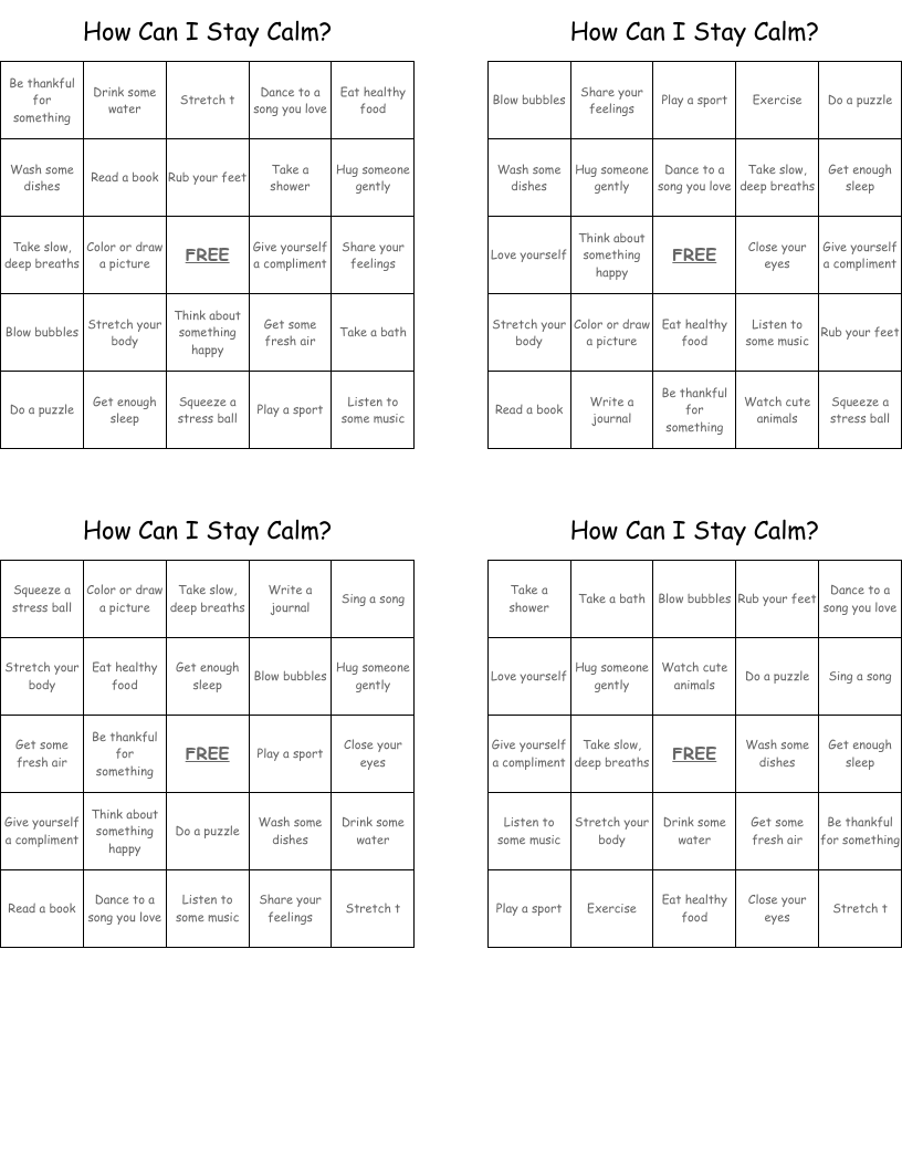 How Can I Stay Calm? Bingo Cards
