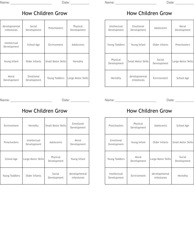 How Children Grow Bingo Cards