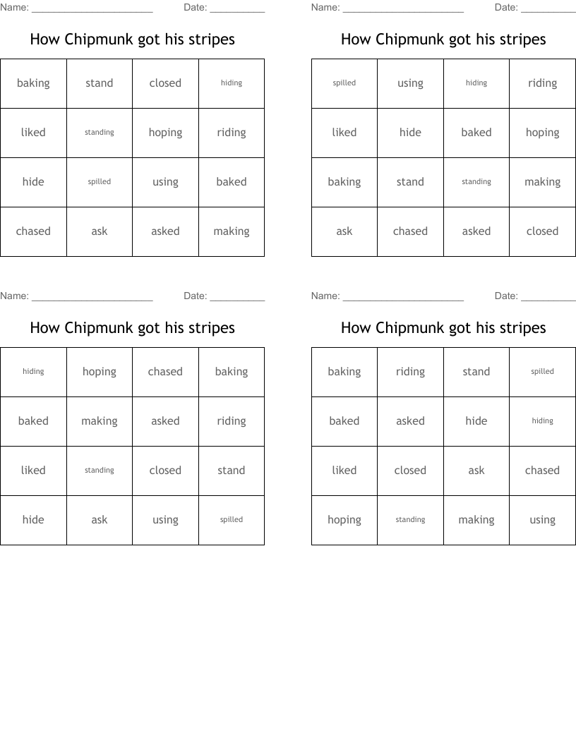 How Chipmunk got his stripes Bingo Cards