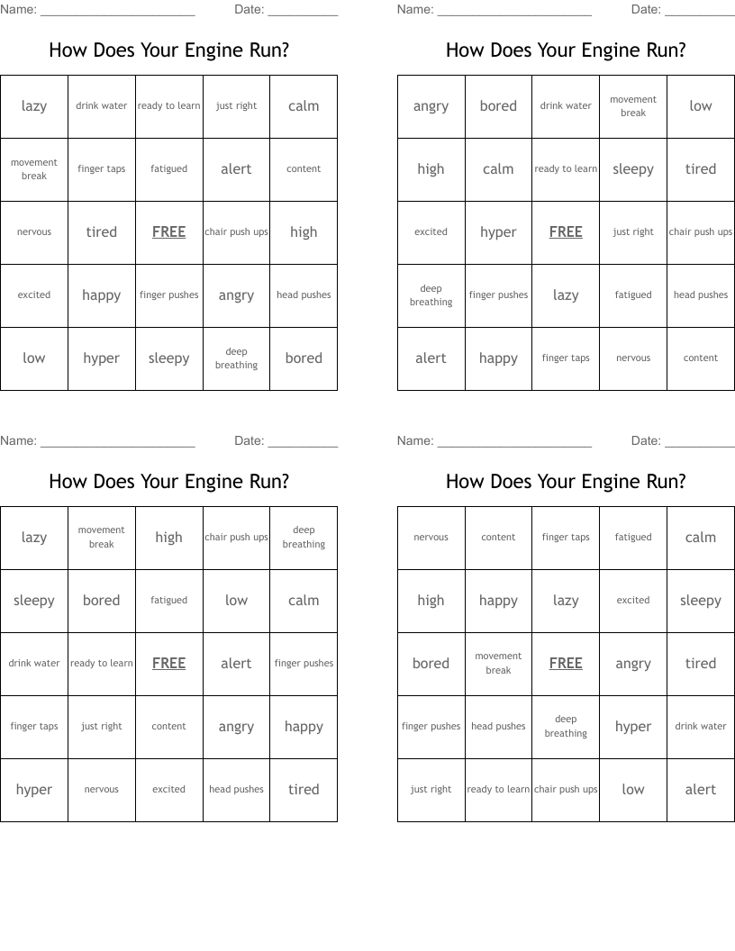 How Does Your Engine Run? Bingo Cards