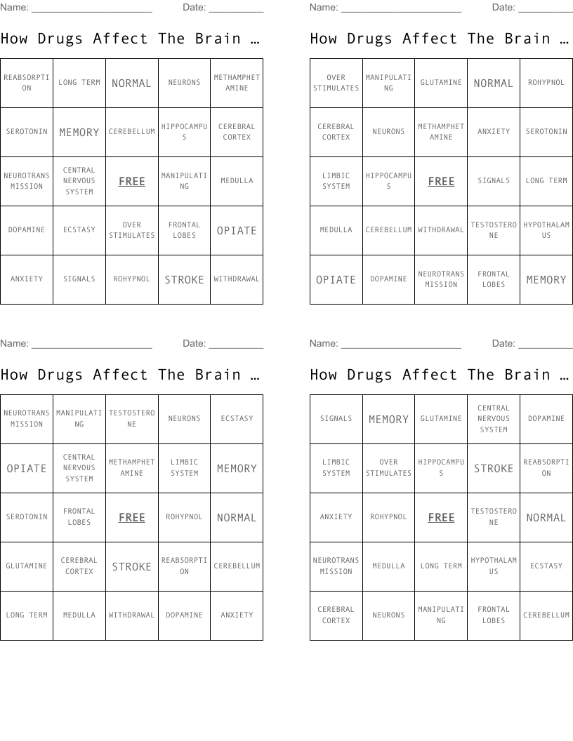 How Drugs Affect The Brain BINGO