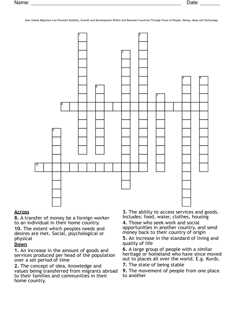 How Global Migration Can Promote Stability, Growth and Development Within and Between Countries Through Flows of People, Money, Ideas and Technology Crossword