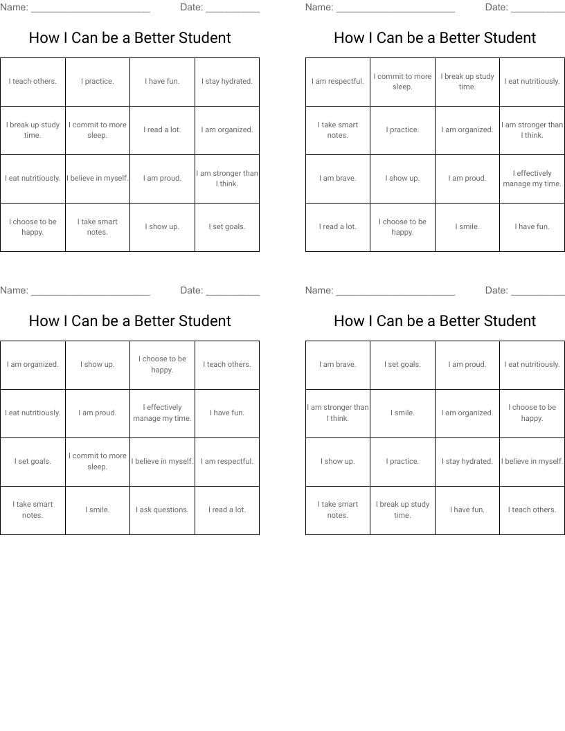 How I Can be a Better Student Bingo Cards