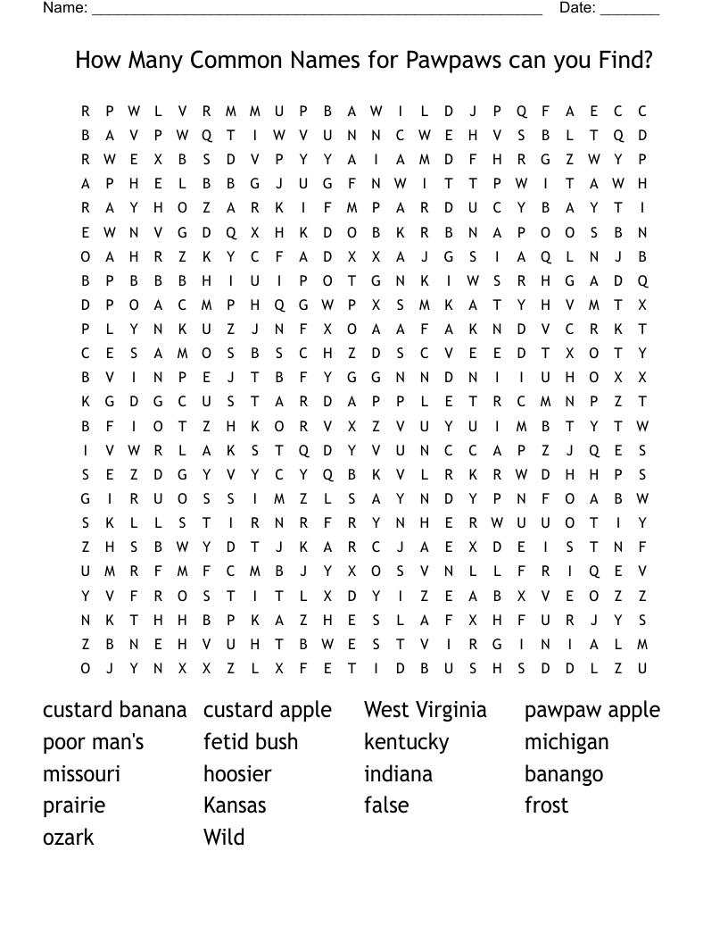 How Many Common Names for Pawpaws can you Find? Word Search