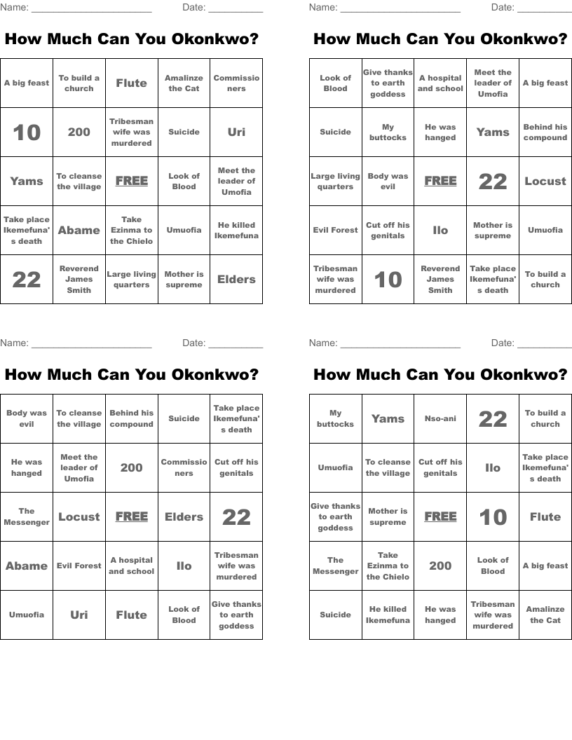 How Much Can You Okonkwo? Bingo Cards