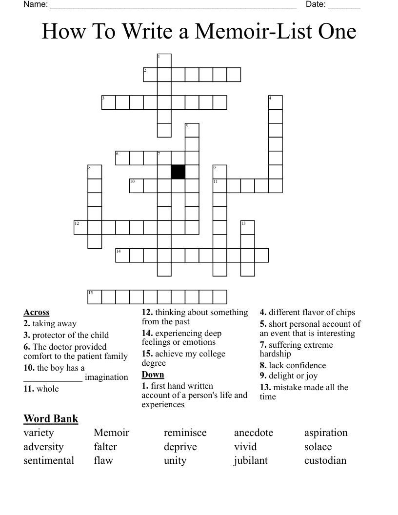 How To Write a Memoir-List One Crossword