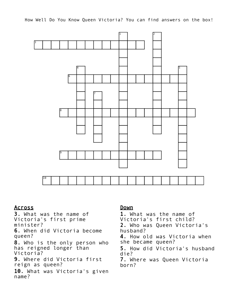 How Well Do You Know Queen Victoria? You can find answers on the box! Crossword