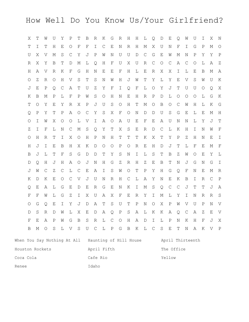 How Well Do You Know Us/Your Girlfriend? Word Search
