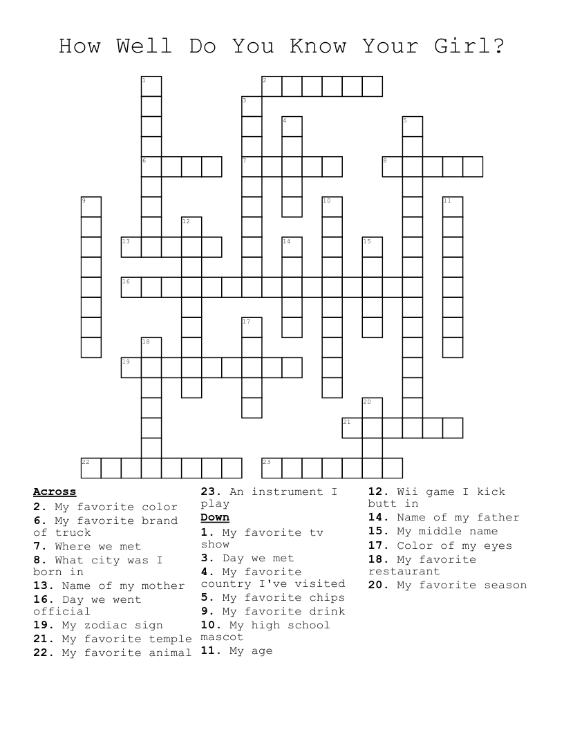 How Well Do You Know Your Girl? Crossword