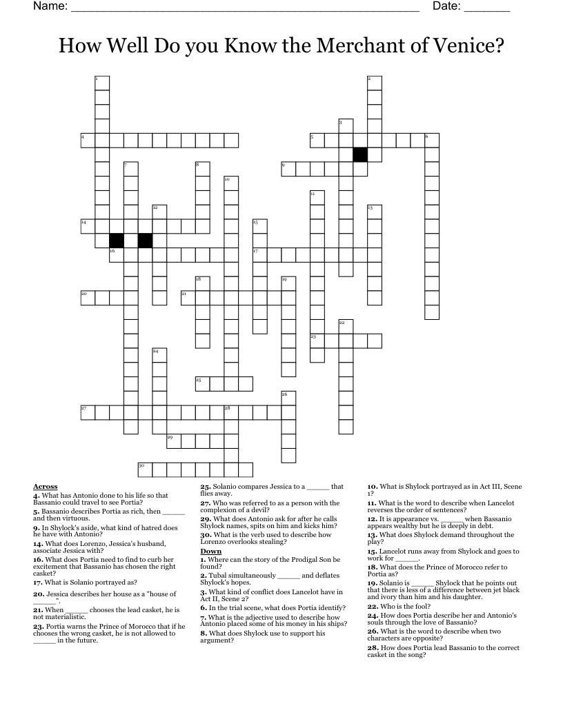 How Well Do you Know the Merchant of Venice? Crossword