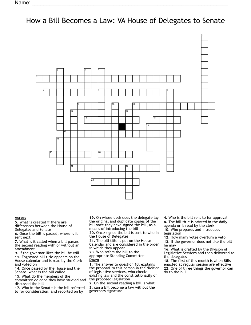 How a Bill Becomes a Law: VA House of Delegates to Senate Crossword