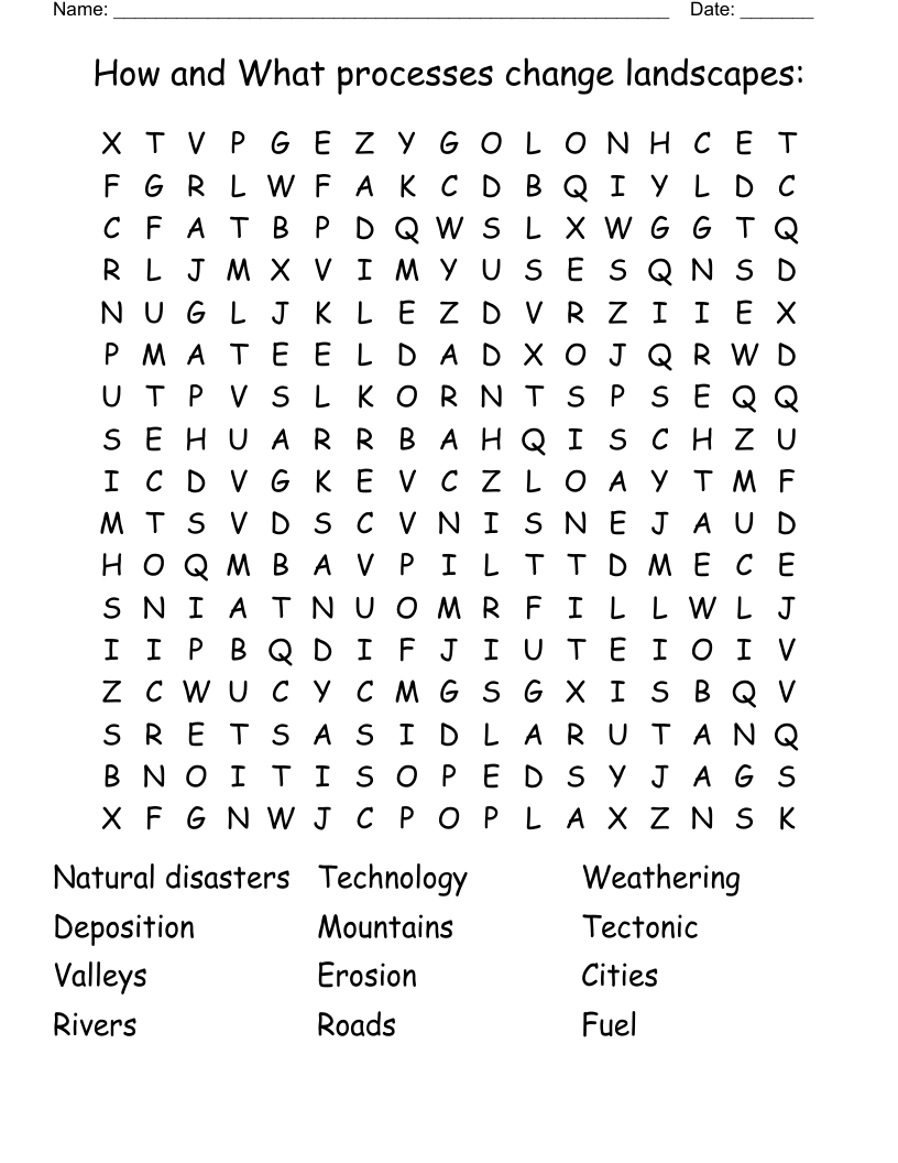 How and What processes change landscapes: Word Search