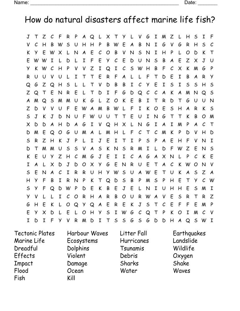 How do natural disasters affect marine life fish? Word Search