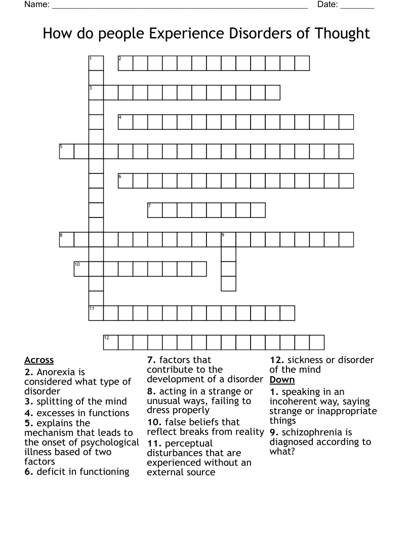 How do people Experience Disorders of Thought Crossword