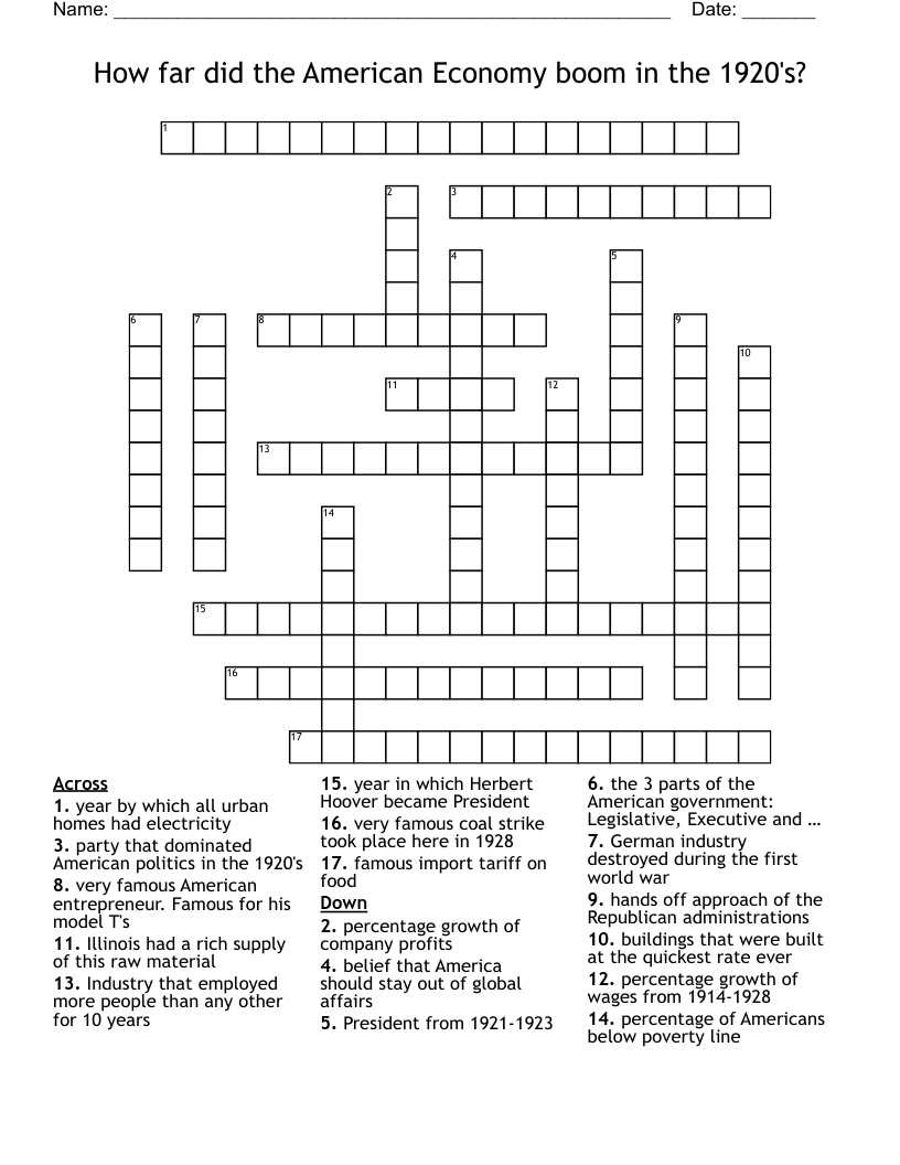 How far did the American Economy boom in the 1920's? Crossword