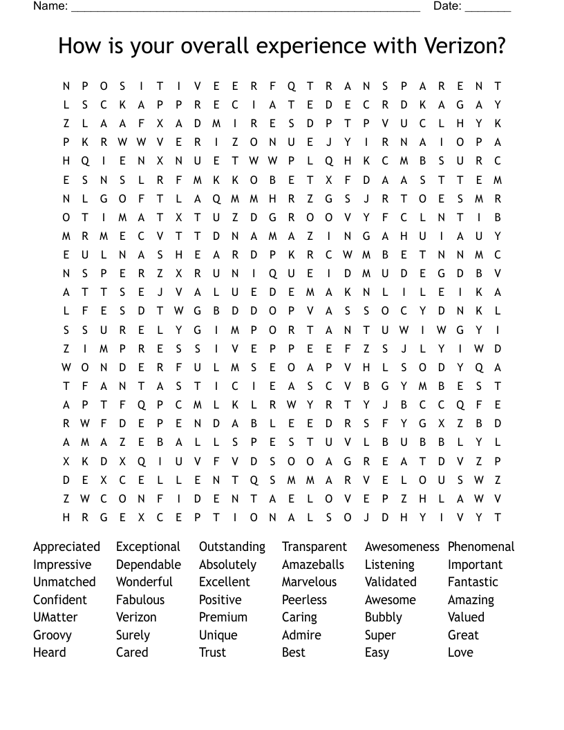How is your overall experience with Verizon? Word Search
