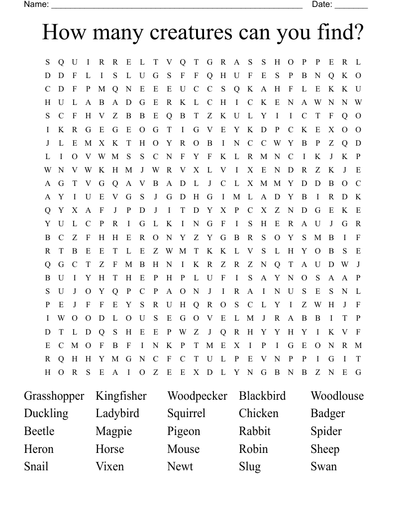 How many creatures can you find? Word Search