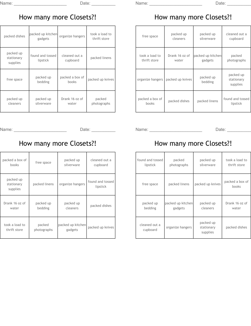 How many more Closets?! Bingo Cards