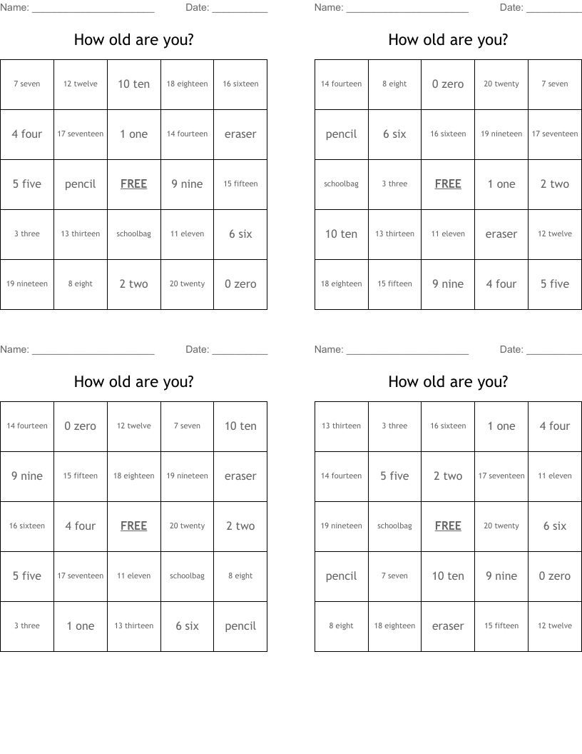 How old are you? Bingo Cards
