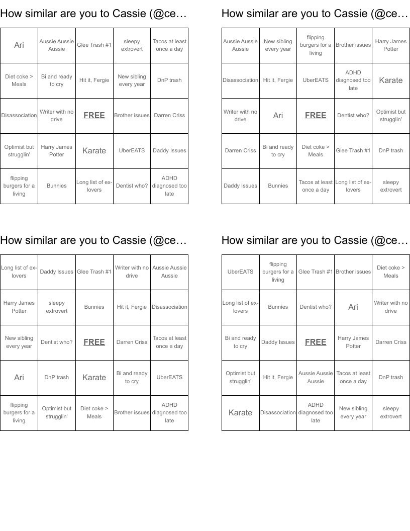 How similar are you to Cassie (@cetalaphan) Bingo Cards