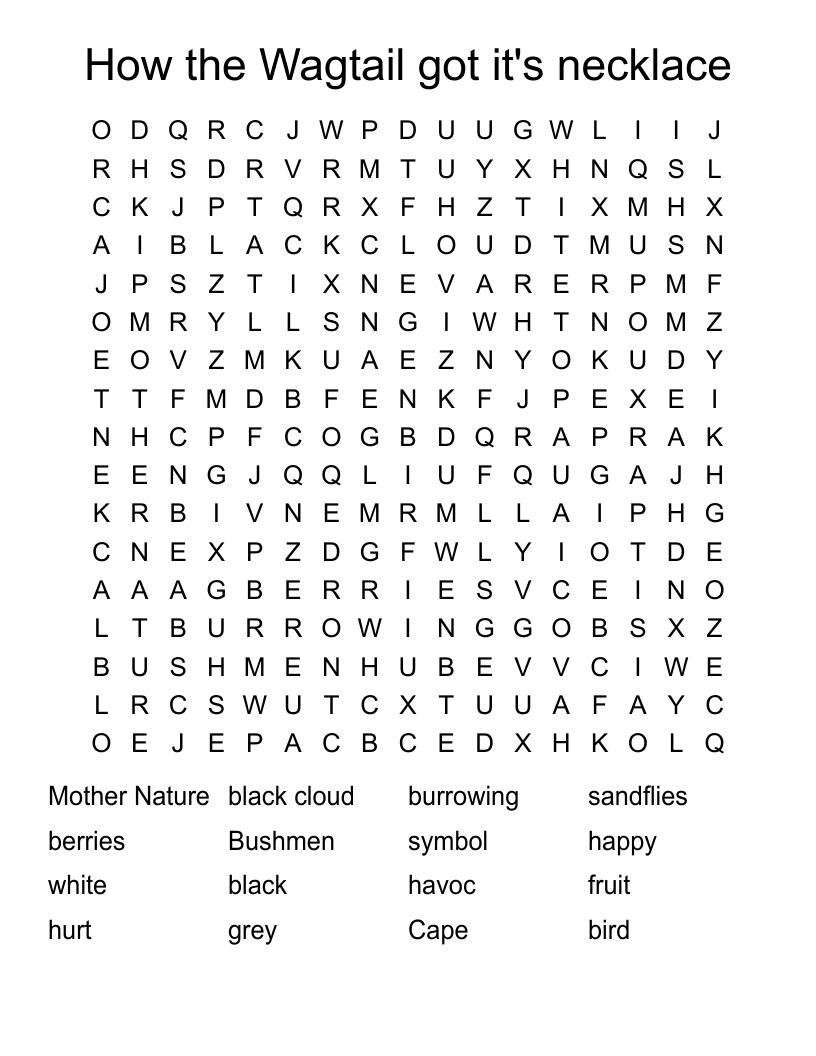 How the Wagtail got it's necklace Word Search