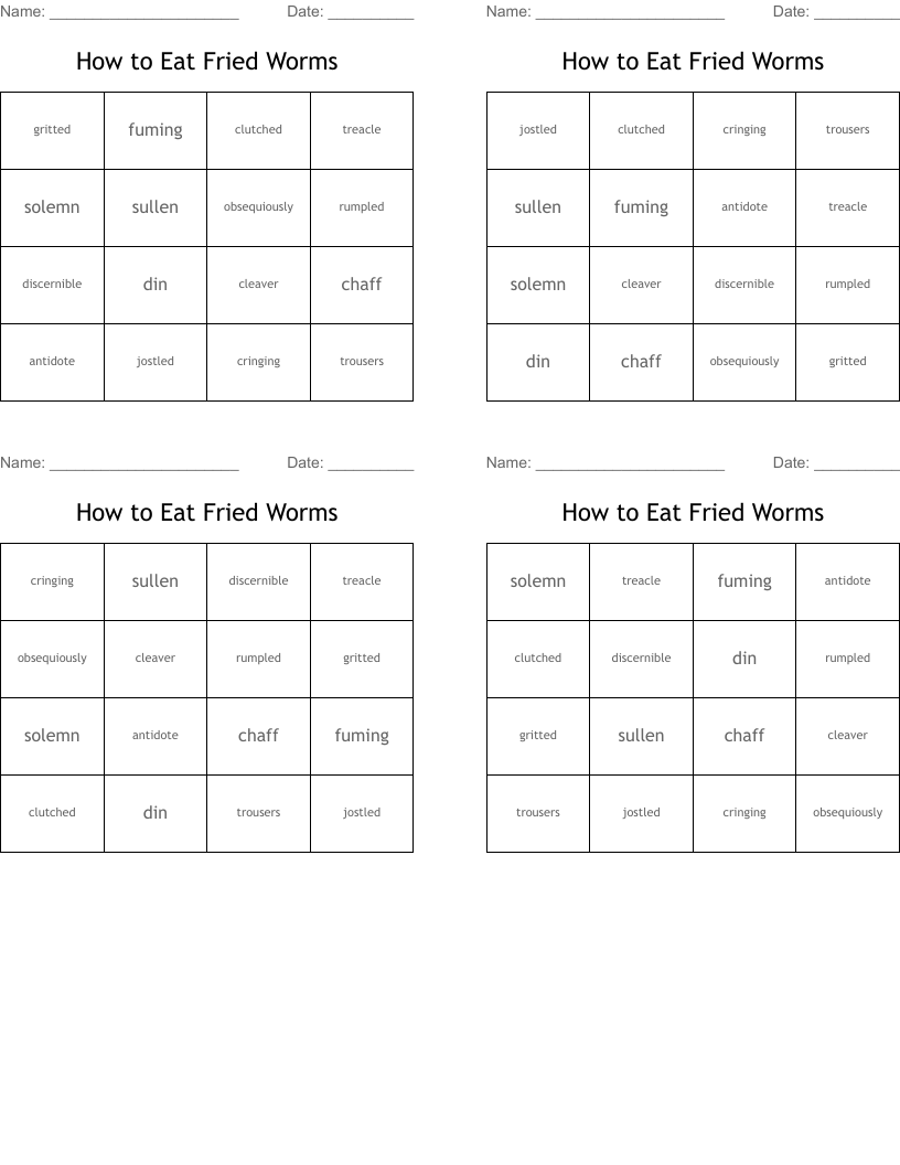 How to Eat Fried Worms Bingo Cards