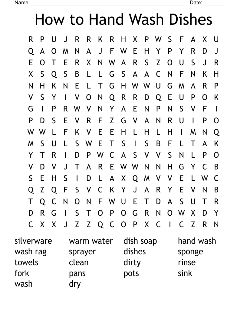 How to Hand Wash Dishes Word Search