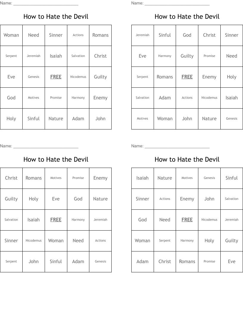 How to Hate the Devil Bingo Cards