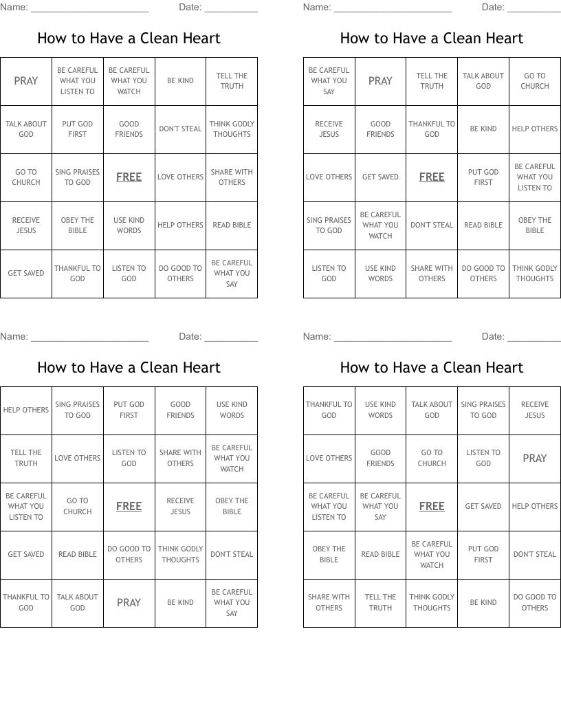 How to Have a Clean Heart Bingo Cards