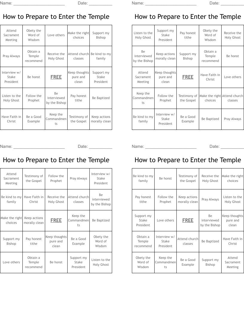 How to Prepare to Enter the Temple Bingo Cards