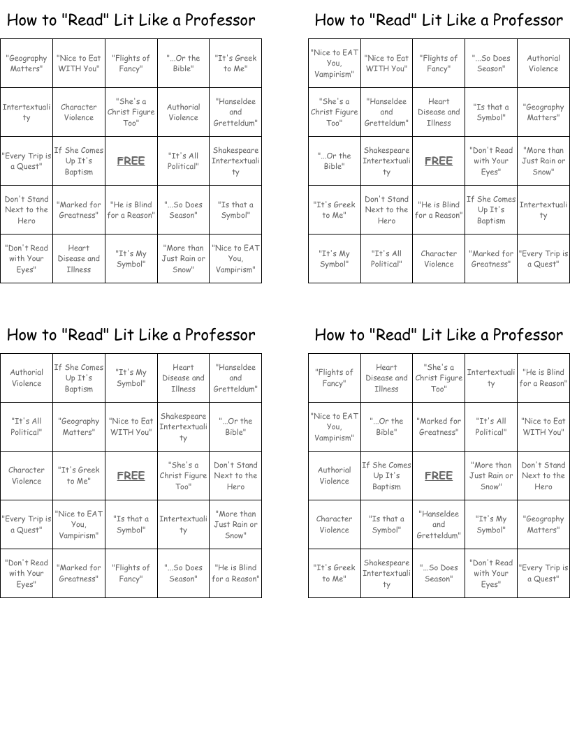 How to "Read" Lit Like a Professor Bingo Cards