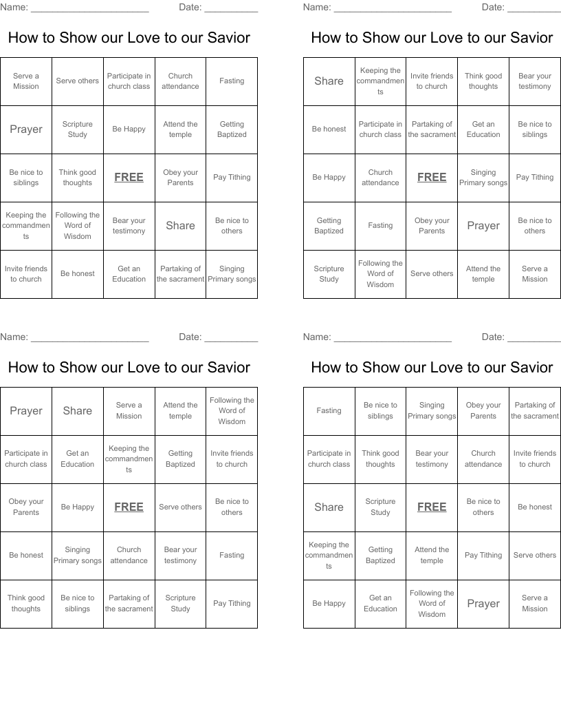 How to Show our Love to our Savior Bingo Cards