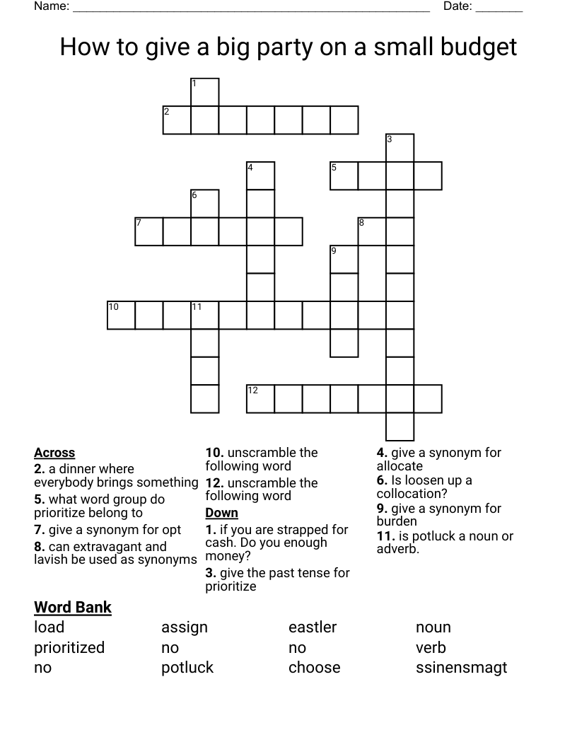 How to give a big party on a small budget Crossword