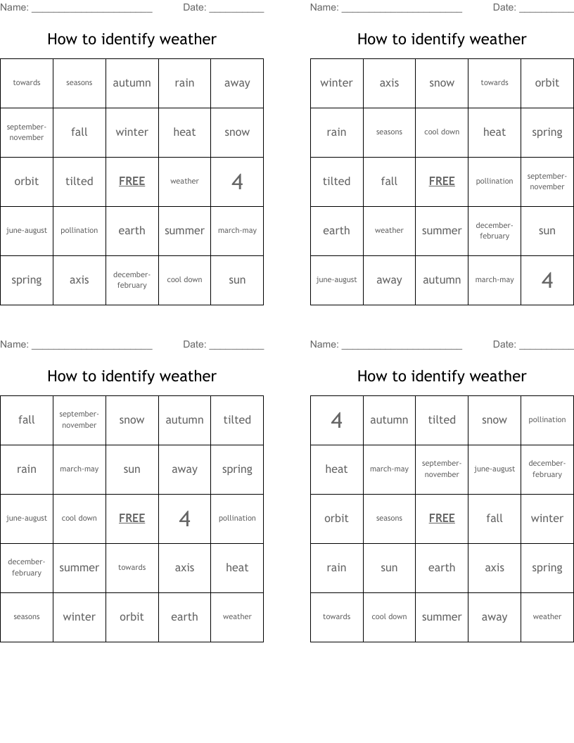 How to identify weather  Bingo Cards