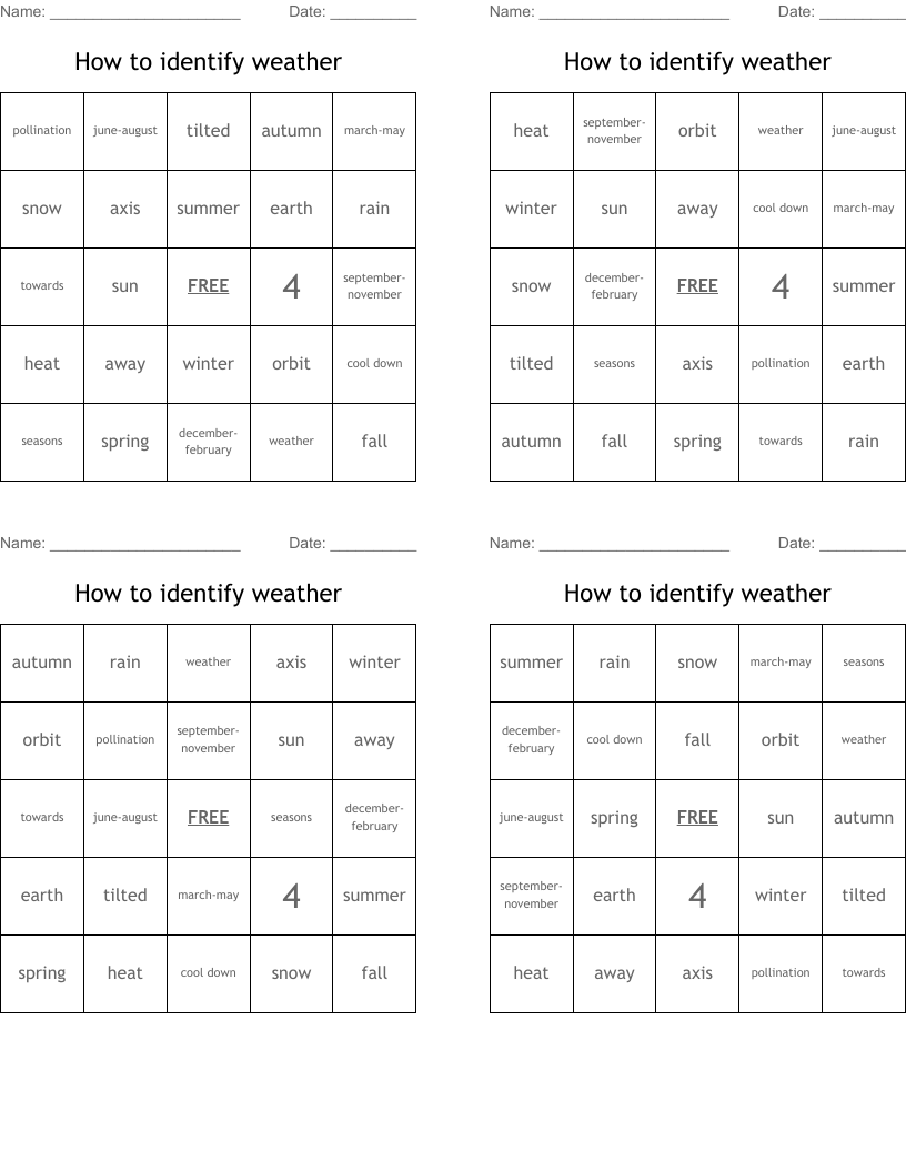 How to identify weather  Bingo Cards