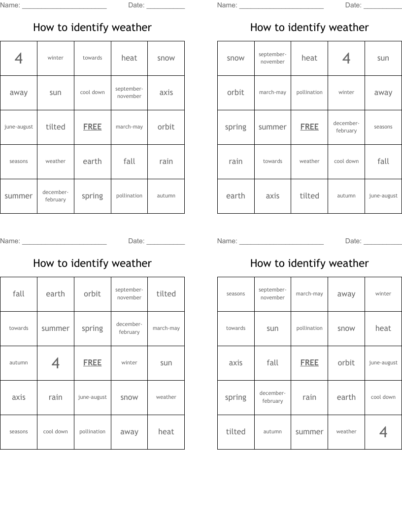 How to identify weather  Bingo Cards