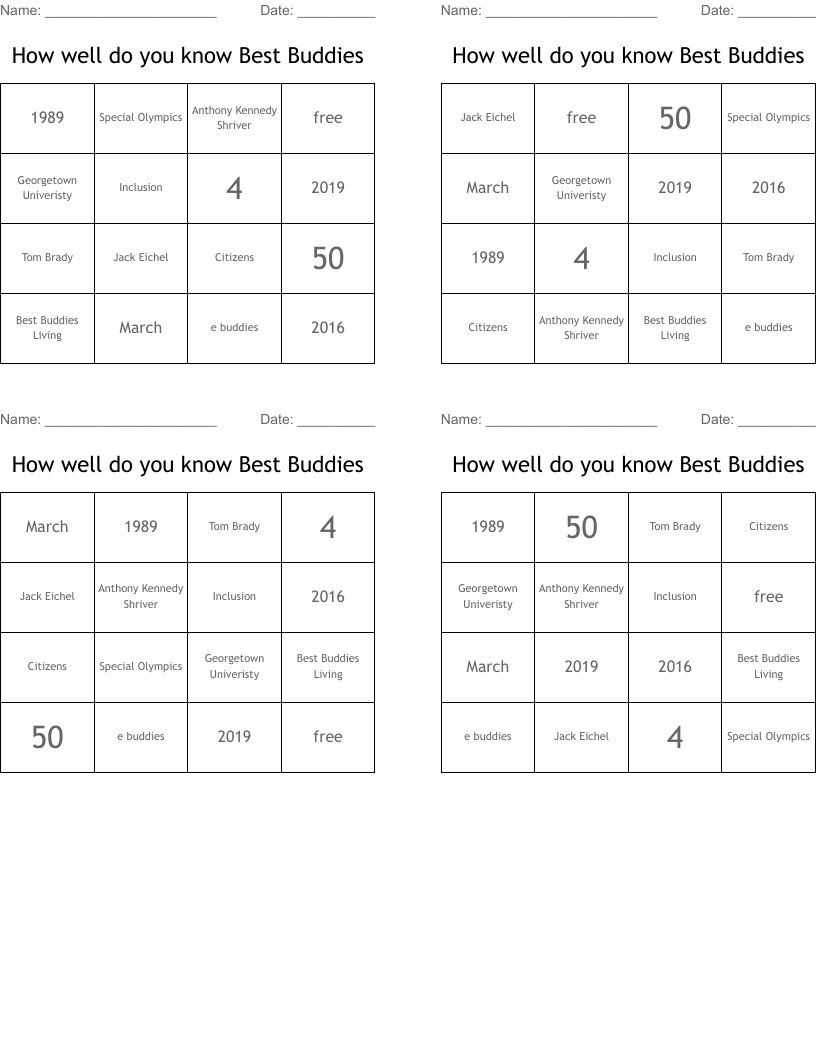 How well do you know Best Buddies  Bingo Cards