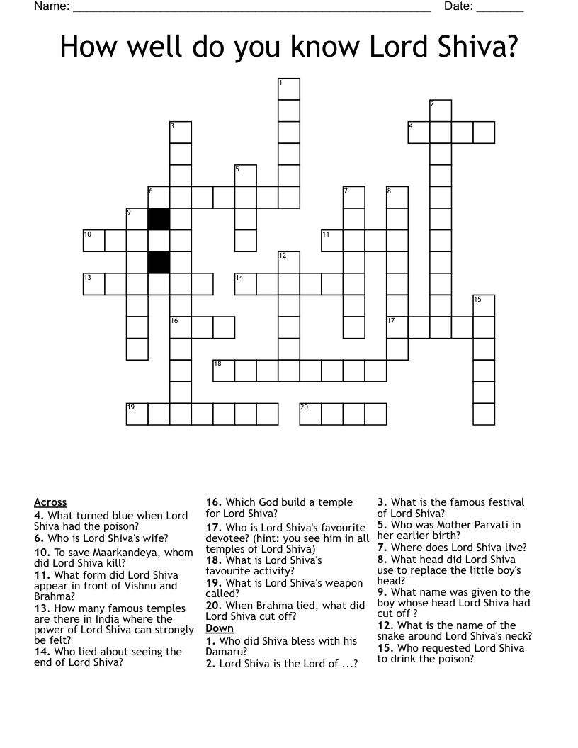How well do you know Lord Shiva? Crossword