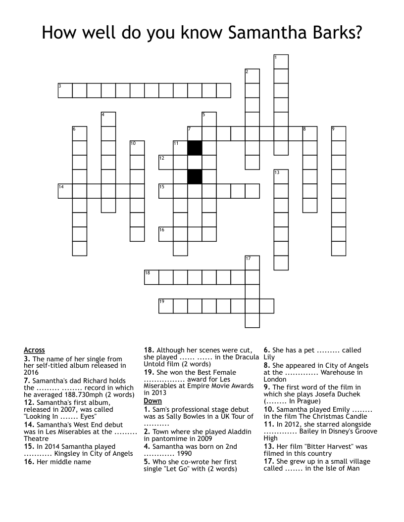 How well do you know Samantha Barks? Crossword