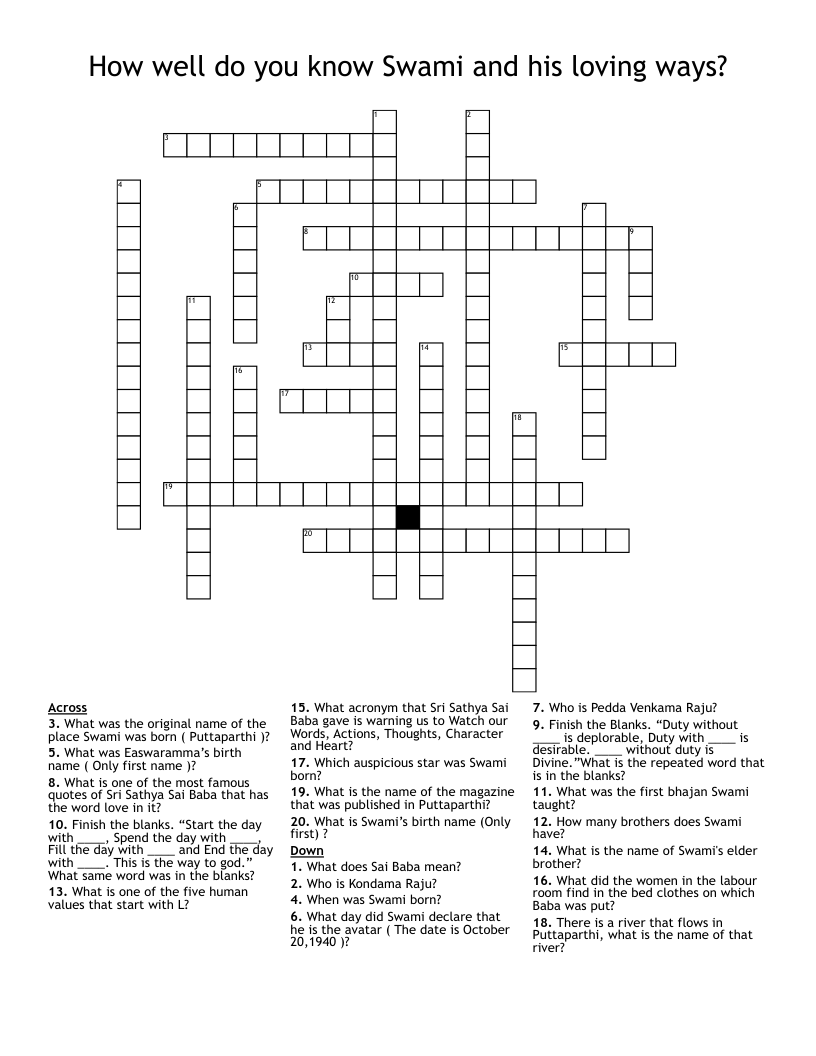 How well do you know Swami and his loving ways?  Crossword