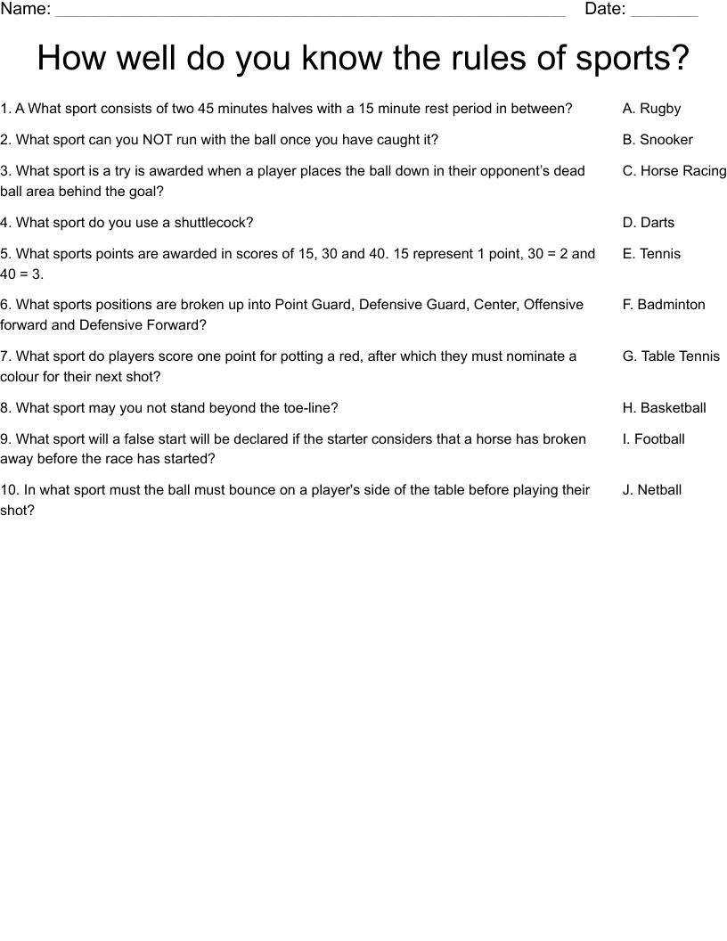 How well do you know the rules of sports? Worksheet