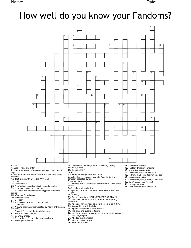 How well do you know your Fandoms? Crossword