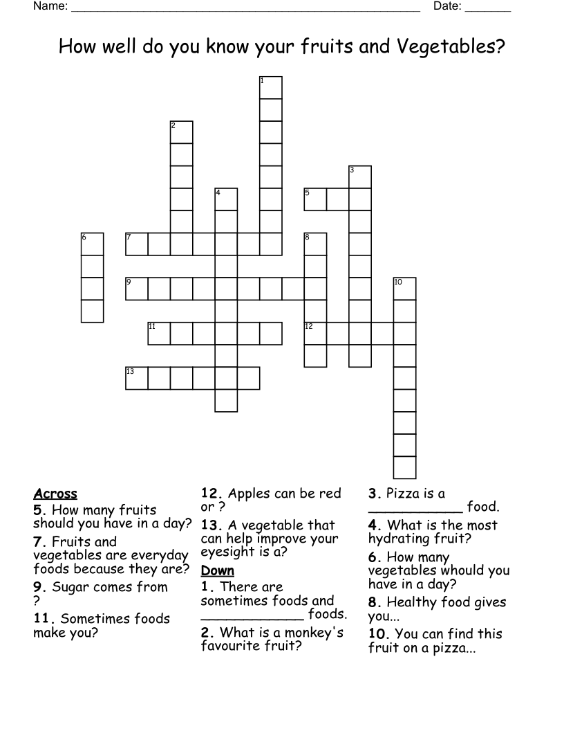 How well do you know your fruits and Vegetables? Crossword
