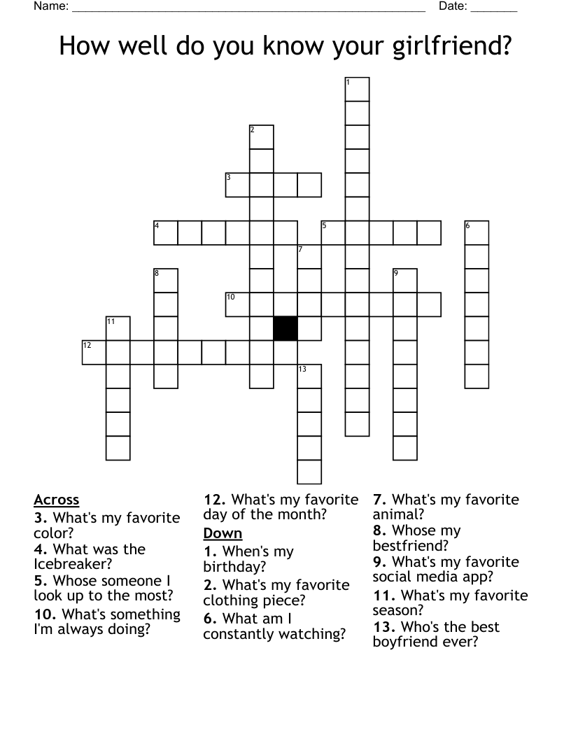 How well do you know your girlfriend? Crossword