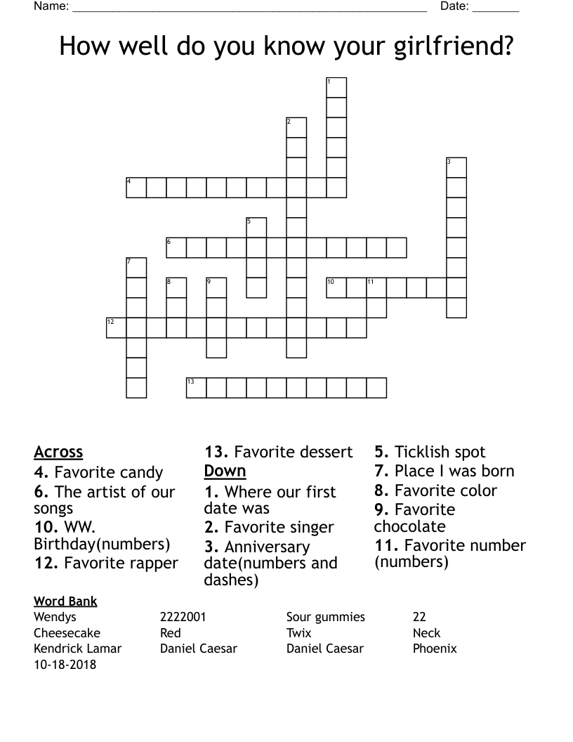 How well do you know your girlfriend? Crossword