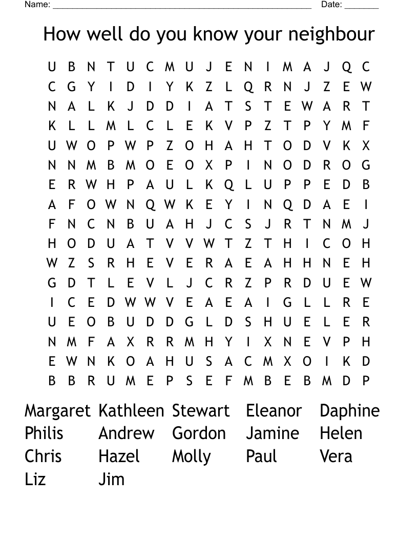 How well do you know your neighbour Word Search